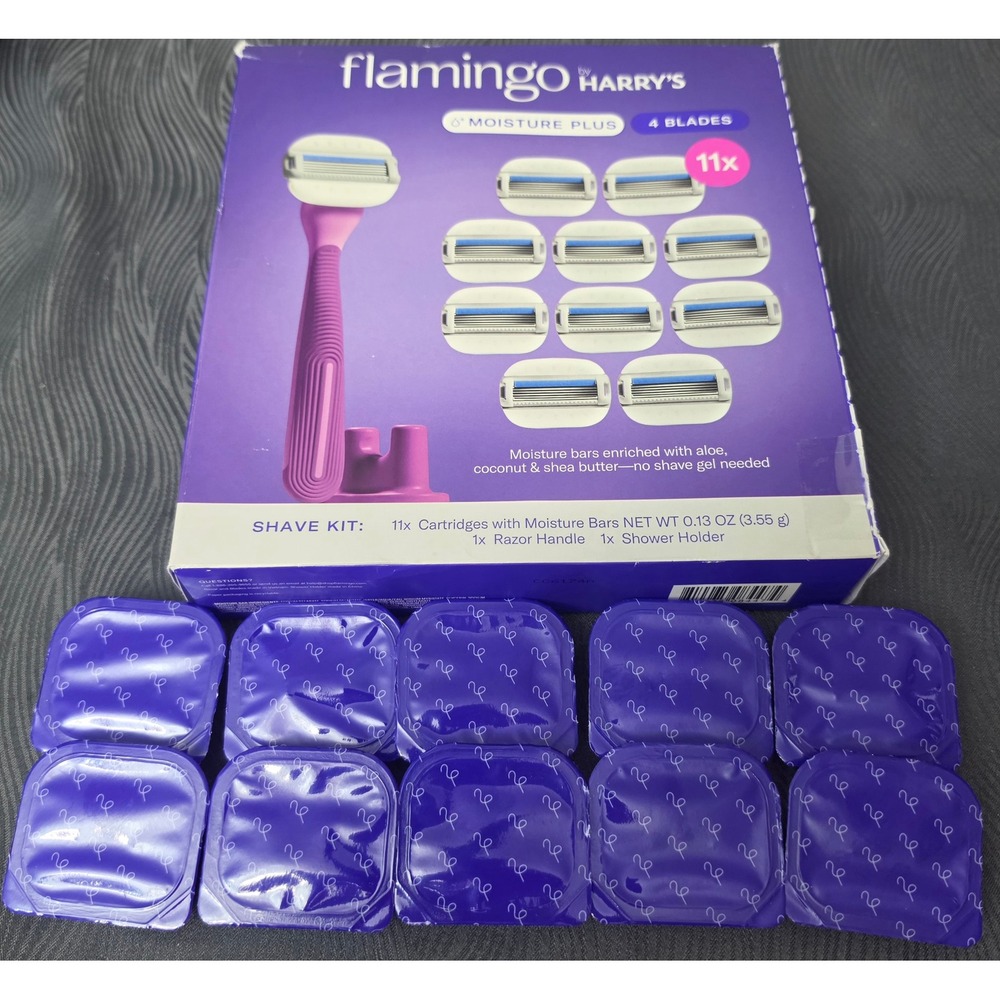 Flamingo Shave Kit Women 11ct Purple 4-Blade Razor Handle & Shower Holder